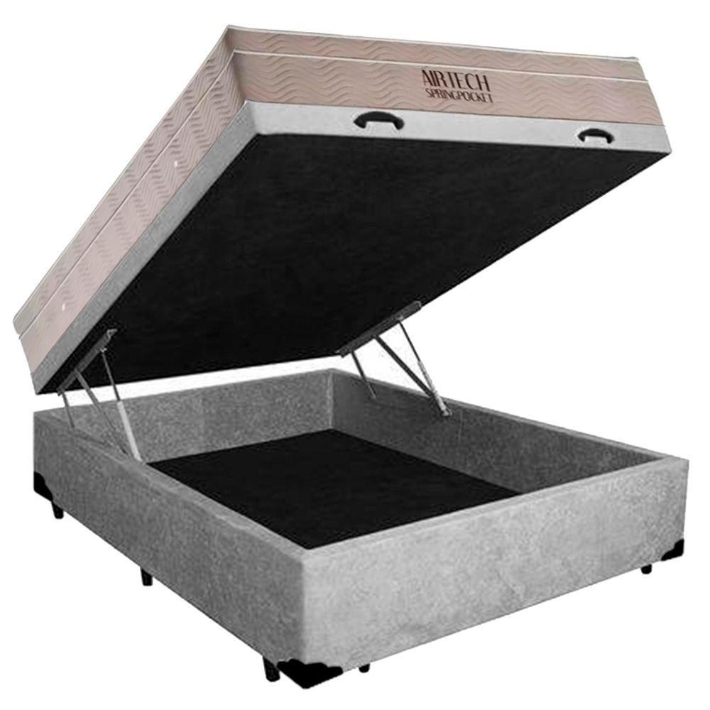 Cama Box Baú Casal Suede + Colchão Ortobom Airtech Molas Ensacadas 138x188x65 Cinza