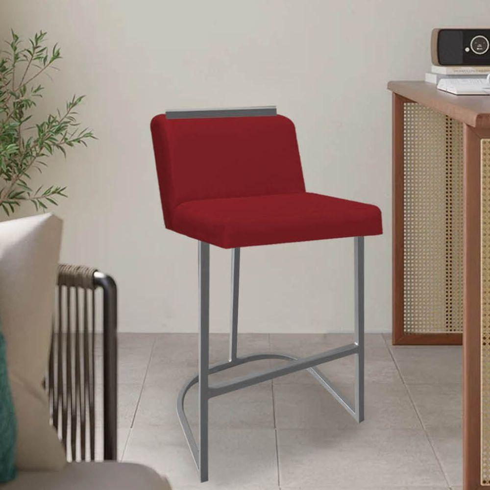 Miniatura Banqueta Com Encosto Nynna Luxo Confort Bistrô Cozinha Ferro Cinza Suede Vermelho - Amey Decor