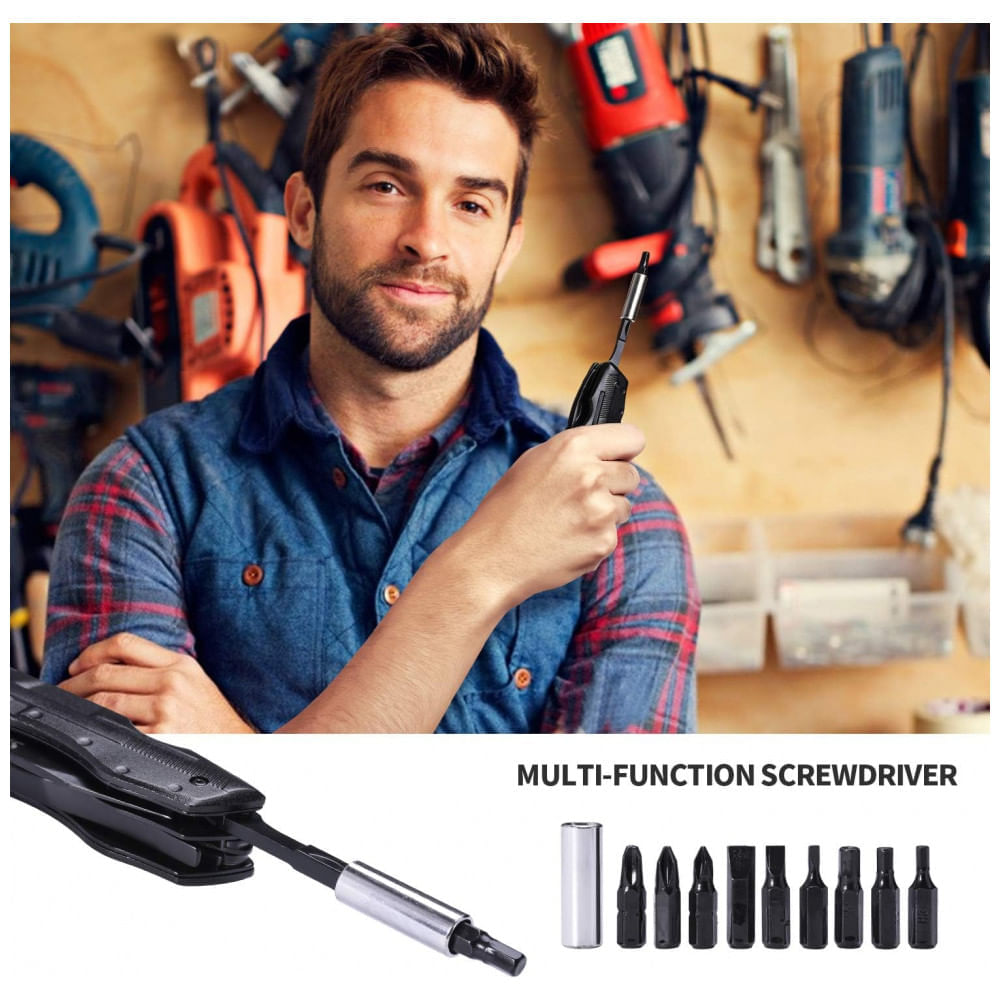 Alicate Multifuncional, Aço Inoxidável com Estojo de Nylon e Conjunto de Bits, SIUPRO, Preto