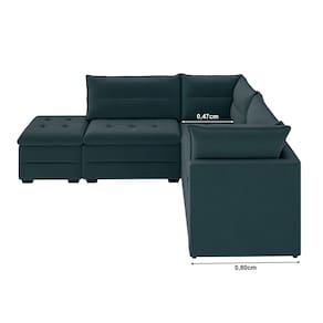 Sofá Modular de Canto 4 Lugares Luizzi Quebec com Pufe e Revestimento em Suede – 408cm de Largura Azul Petróleo