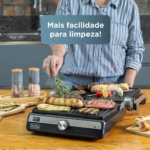 Grill Elétrico Black+Decker G1500G Gourmand Gris 1500W Abertura 180° Chapas Removíveis Antiaderente Inox 110V