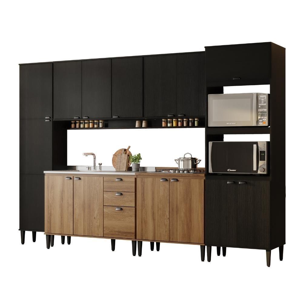 Armário De Cozinha Completa C/ Balcão Lótus Look Carraro Freijó Com Preto Touch
