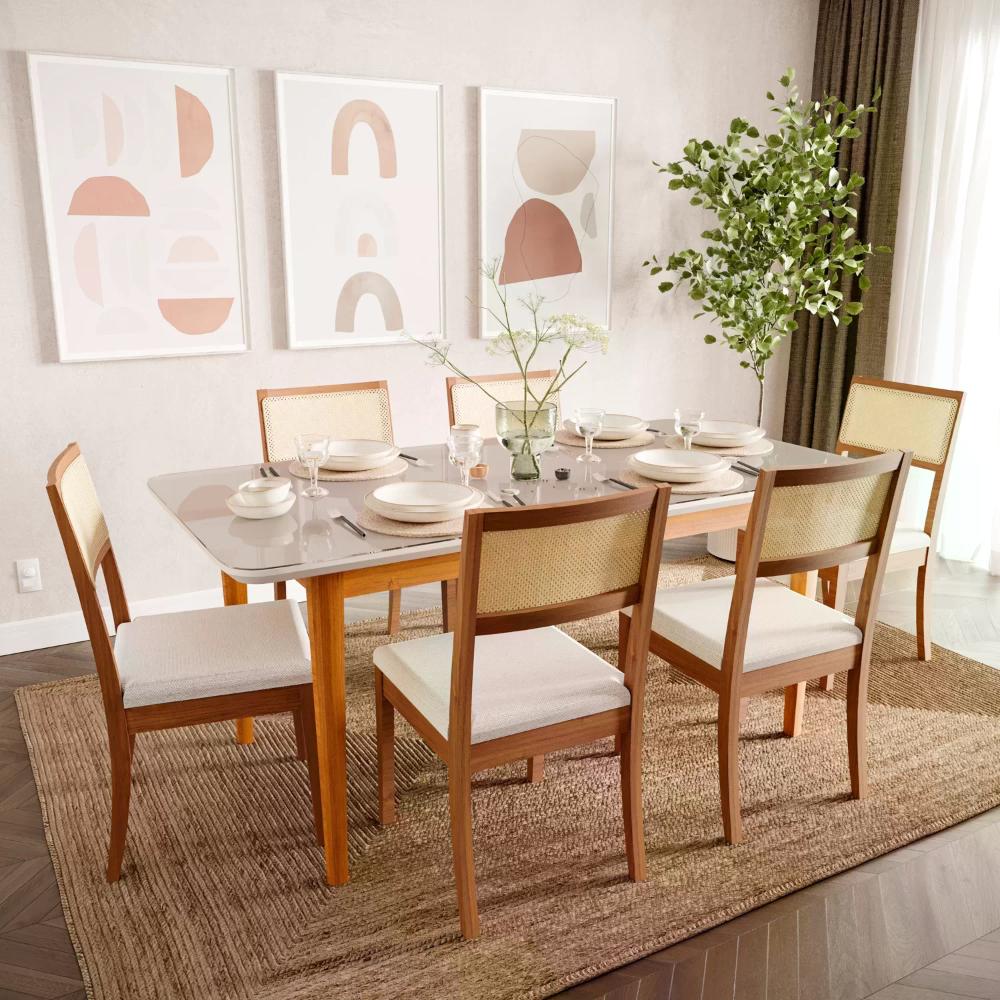 Miniatura Mesa de Jantar 6 Lugares 1,80m Tampo MDF e Vidro Pés Madeira Maciça Tangará CabeCasa MadeiraMadeira Caramelo/Off White