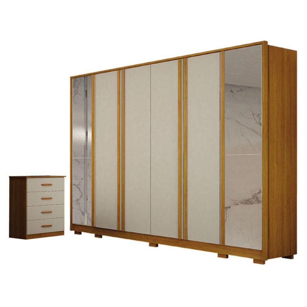 Miniatura Guarda Roupa Casal Ares 6 Portas Com Espelho Cinamomo Off-white Com Cômoda Rubi 4 Gavetas Cinamomo Off-white - Leifer