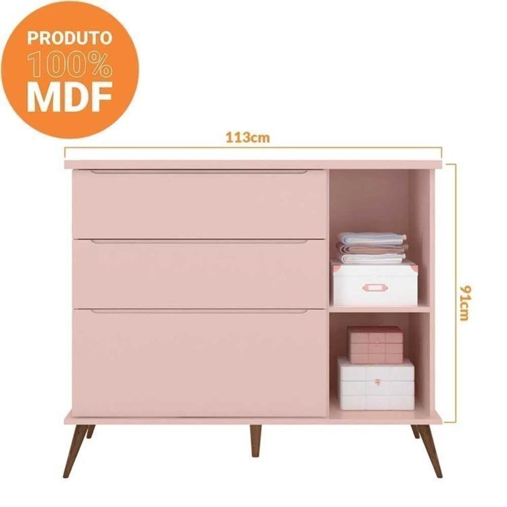 Conjunto Quarto Infantil com Guarda-roupa 3 Portas e Cômoda com Sapateira Melinda 100% Mdf Rosa