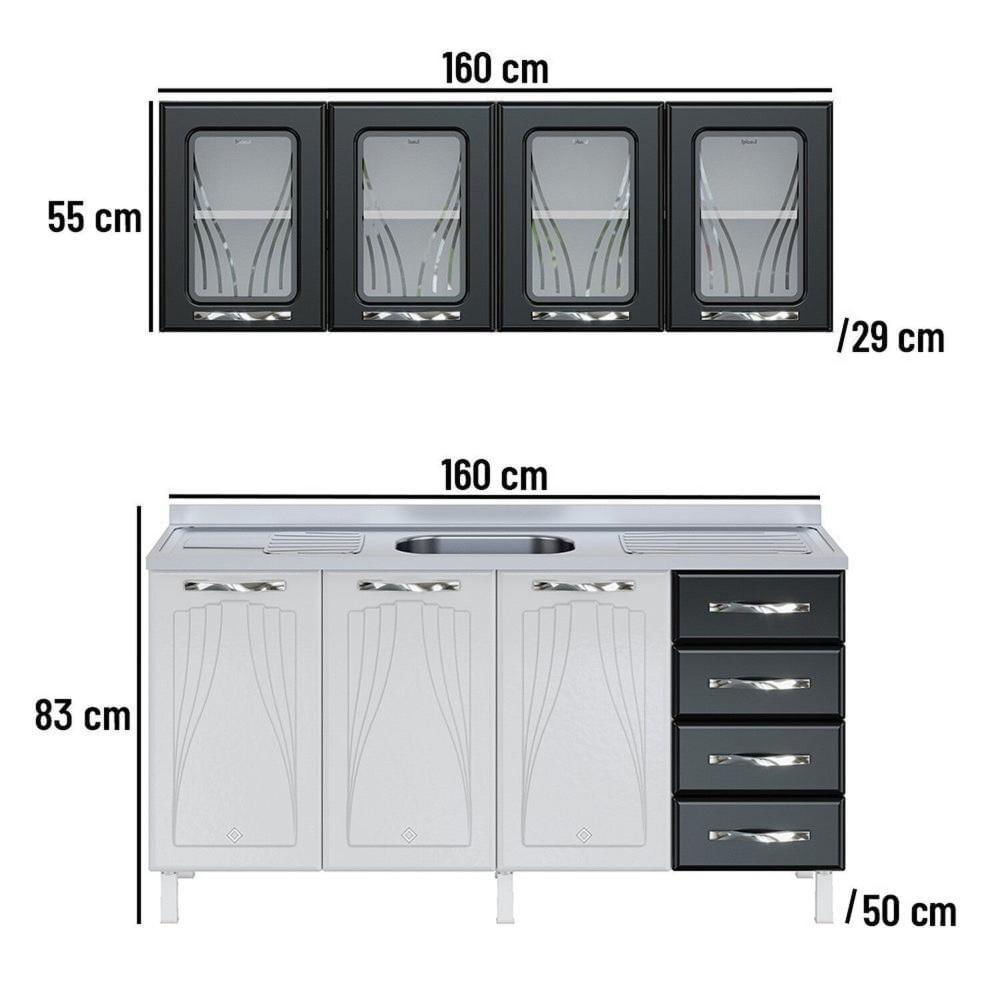 Armário de Cozinha de Aço 2 Peças com Vidro e Balcão para Pia Star New Branco/Preto