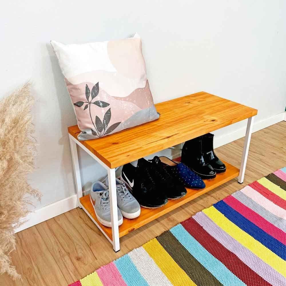 Miniatura Sapateira Banco Style De Ferro E Madeira Industrial Carvalho E Branco