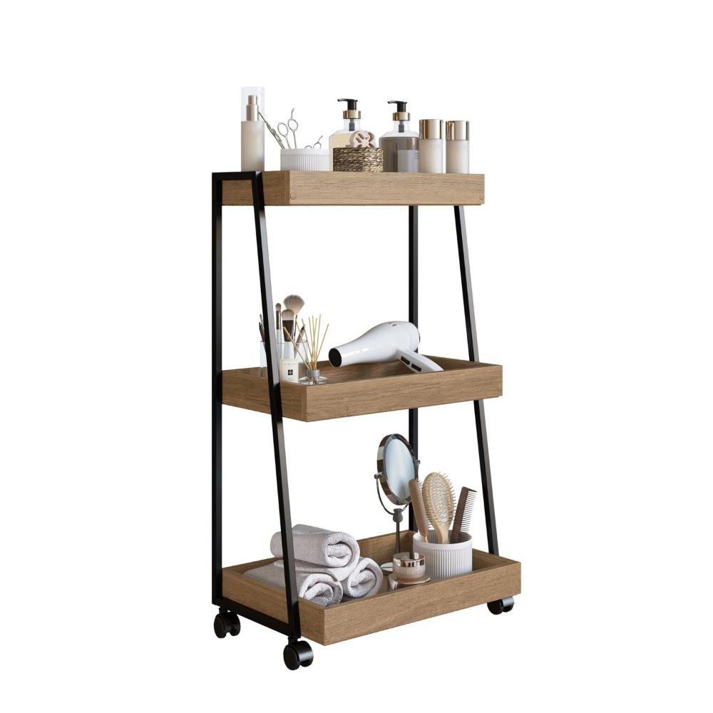 Carinho Organizador Multiuso com 3 Prateleiras e Rodizios Preto/Mel