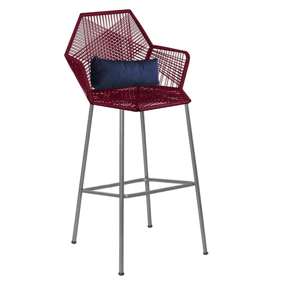 Miniatura Banqueta Alta Com Encosto Sttar Balcão Ferro Prata Fibra Marsala Almofada Azul Marinho