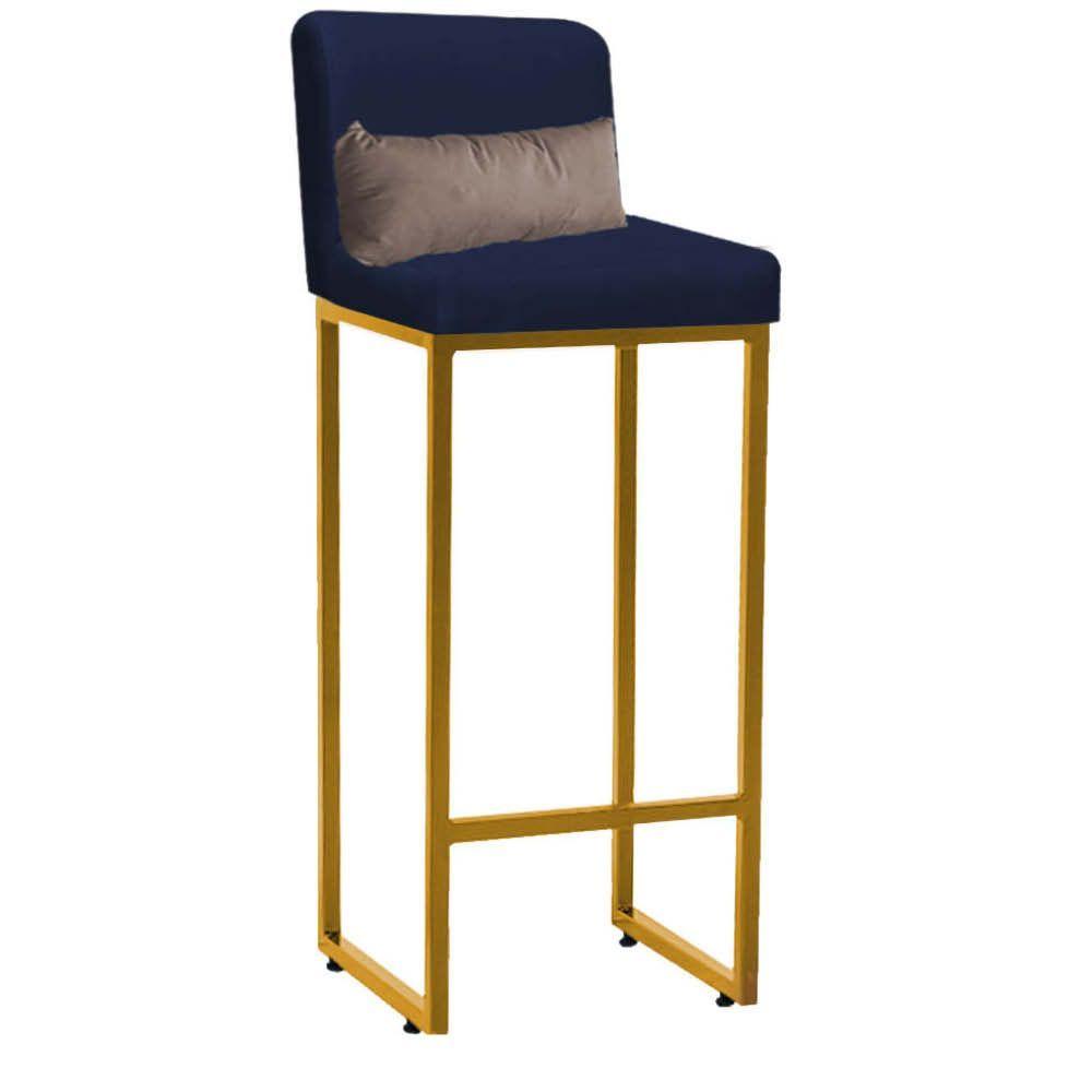 Miniatura Banqueta Alta Com Encosto Industrial Ferro Dourado Suede Azul Marinho E Almofada Bege