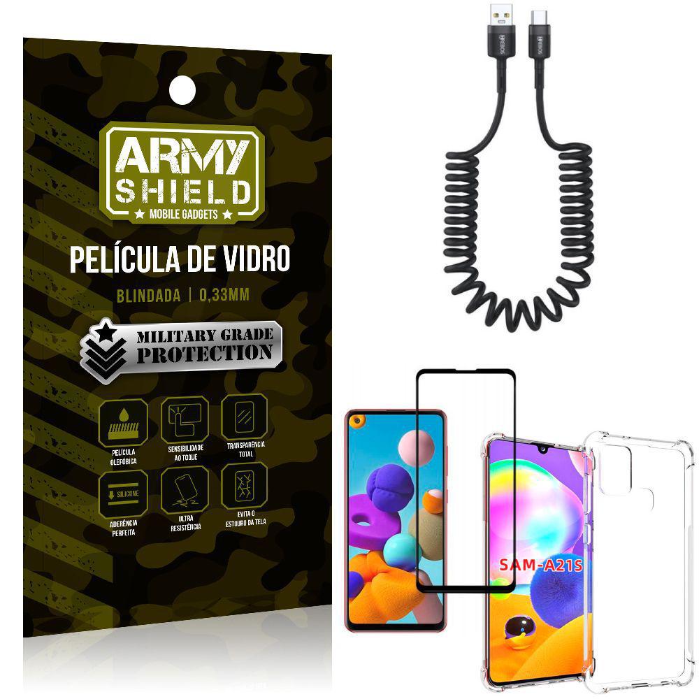 Miniatura Cabo Espiral Samsung A21S+Capinha Anti Impacto+Película 3D
