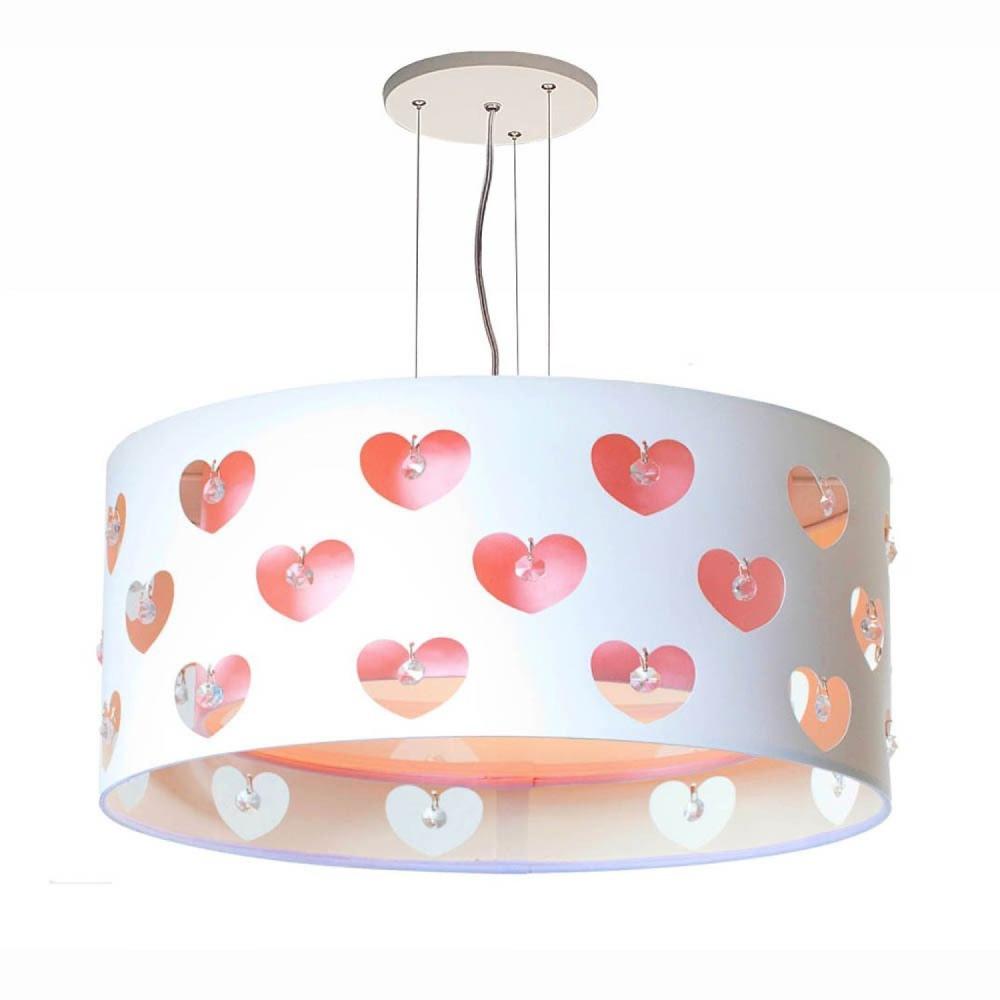 Miniatura Lustre Infantil Pendente Corações com Cristais 50x16 Rosa/Branco
