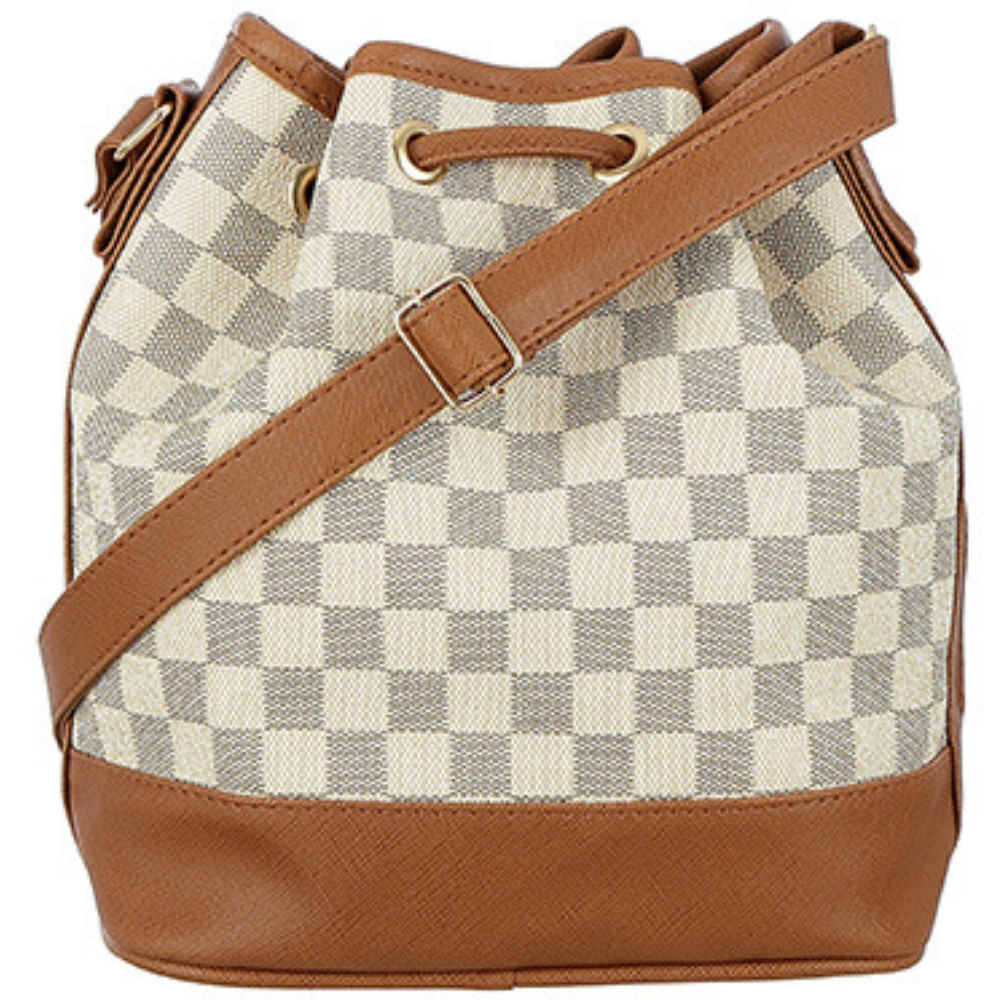 Miniatura Bolsa Saco Transversal MeVisto Estampa Xadrez Creme/Cinza