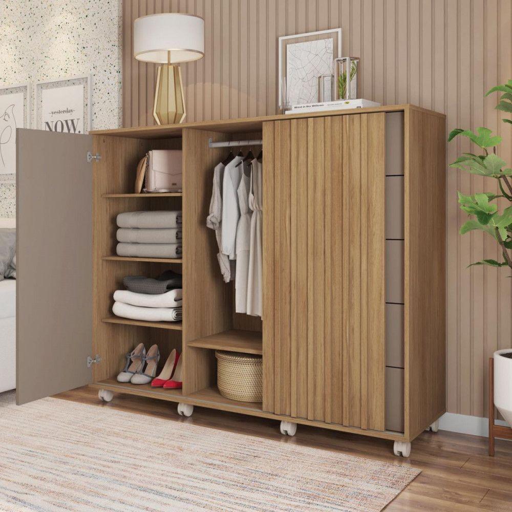 Miniatura Cômoda Com 5 Gavetas 2 Portas Pegasus Com Rodízios Caemmun Buriti Ripado/ Fendi