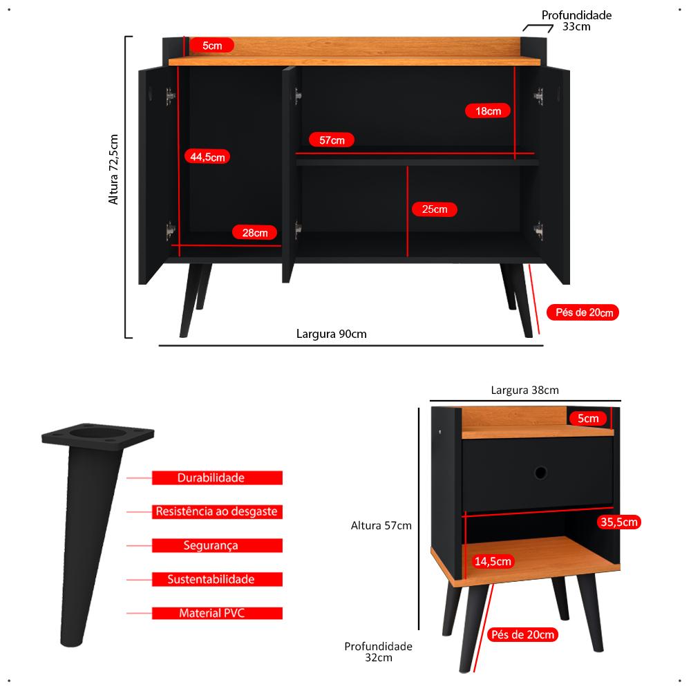 Kit 2 Mesas Cabeceira Decore Mesinha Gaveta Nicho Aparador Buffet Wood New Preto/Cinamomo Retrô Pés Palito - Lojas RPM