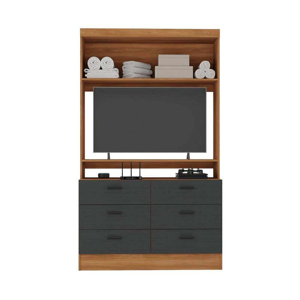 Miniatura Cômoda para Quarto para Tv até 42 Polegadas Viena 1 Porta 6 Gavetas Yescasa Nogal/Grafite