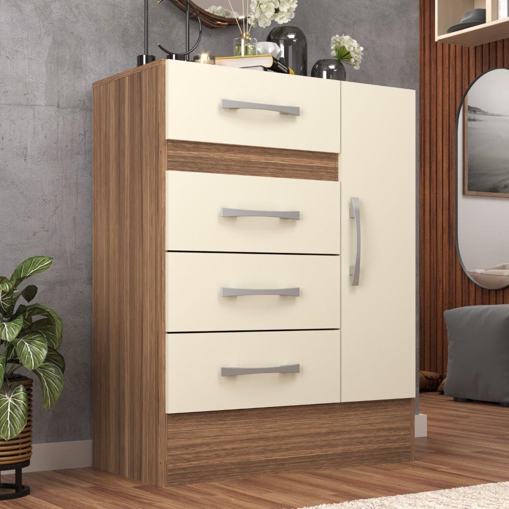 Miniatura Cômoda Sapateira Grande 4 Gavetas 1 Porta Castanho/OffWhite