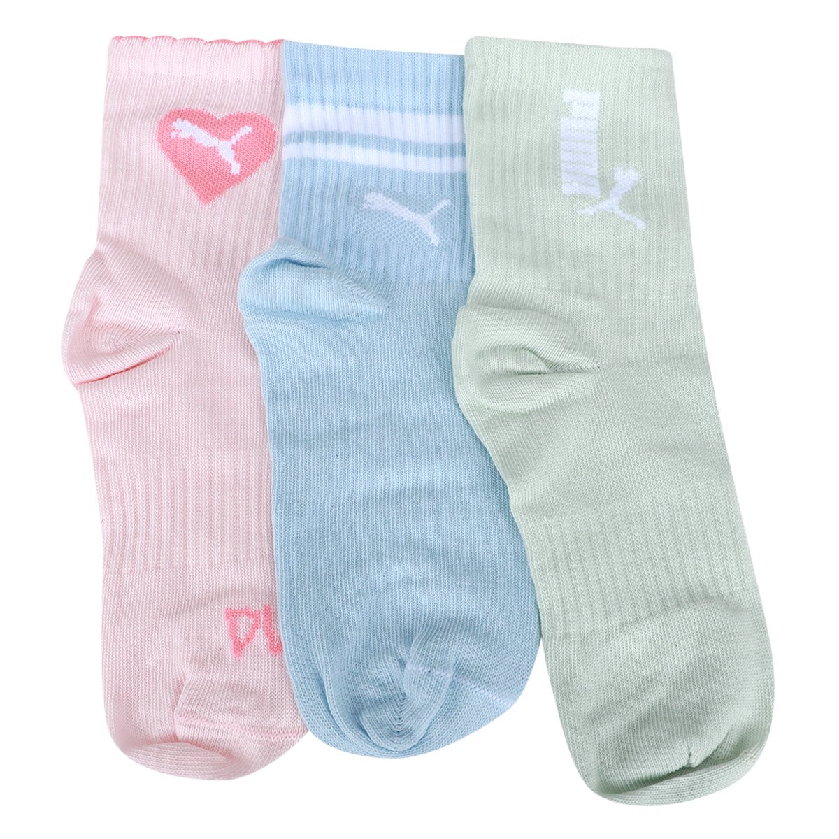 Kit Meia Infantil Puma Cano Longo Menina - 3 Pares Rosa+Azul - 25/28