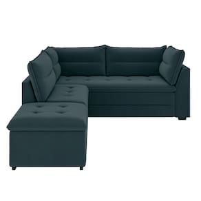 Miniatura Sofá Modular de Canto 4 Lugares Luizzi Quebec com Pufe e Revestimento em Suede – 408cm de Largura Azul Petróleo
