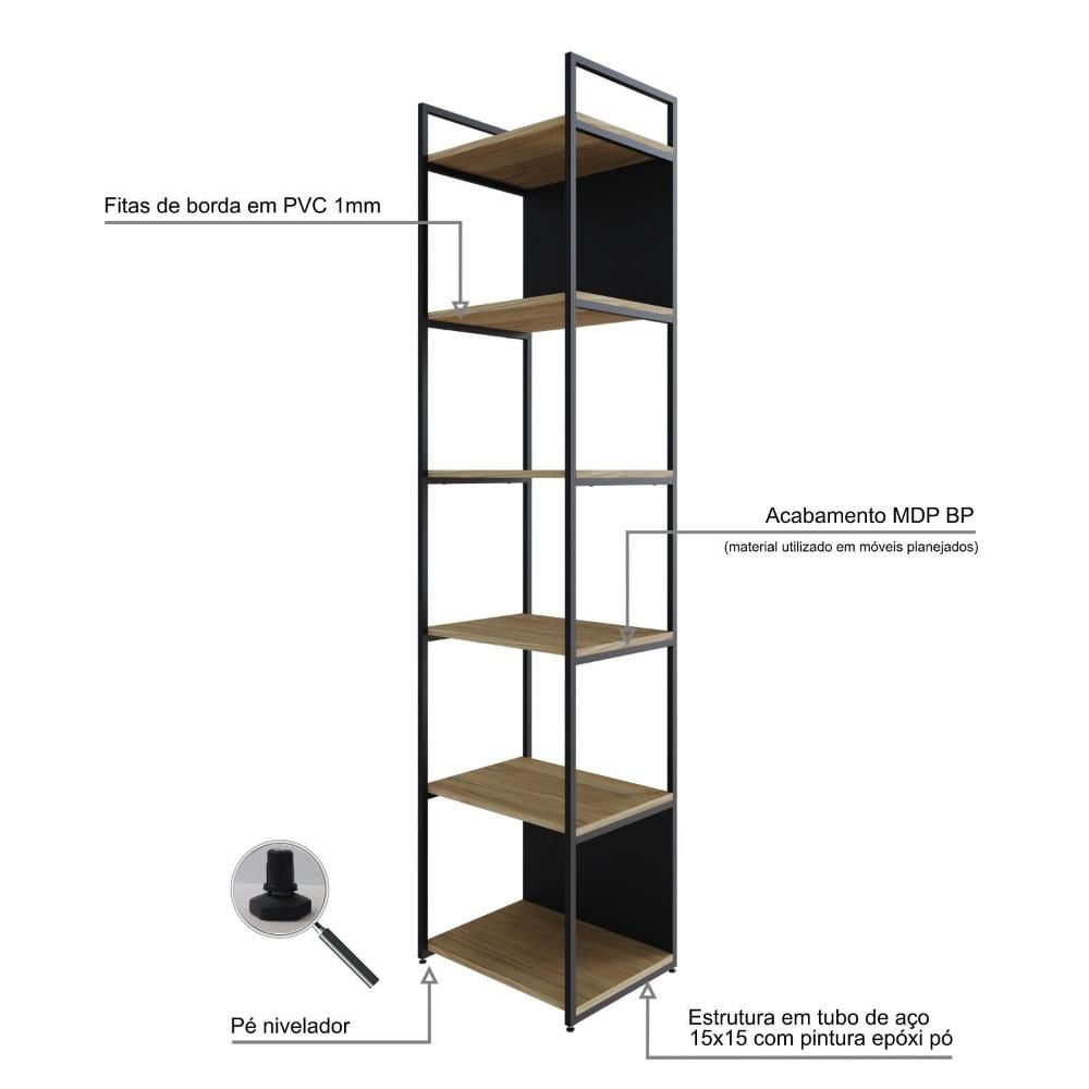Estante Alta com 6 Prateleiras 185x45x33cm com Fundo Yon Vermont/Preto