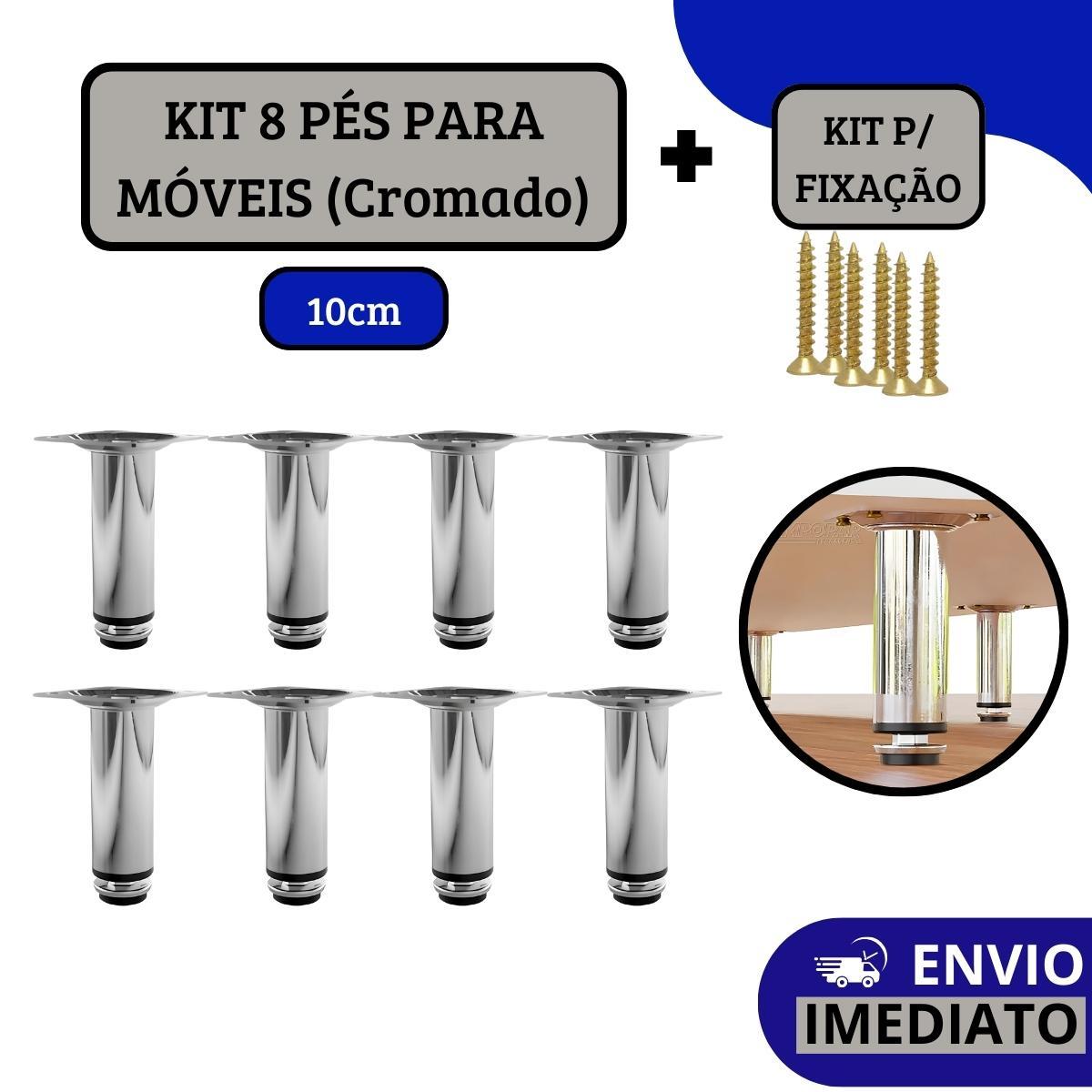 Miniatura Kit 8 Pés Para Móveis Regulável Redondo Cromado 10Cm