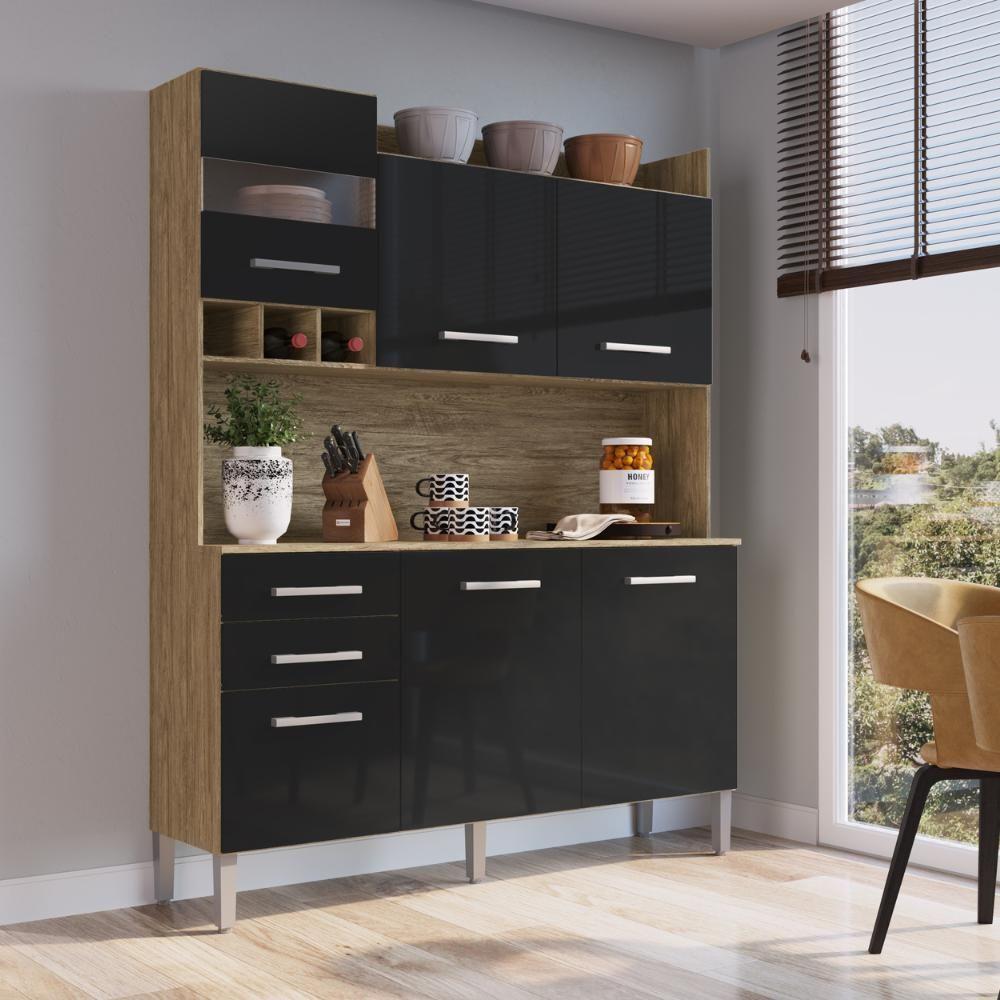 Miniatura Cozinha Compacta Decibal AC6200 6 Portas 2 Gavetas com Armário e Balcão - Wood Preto
