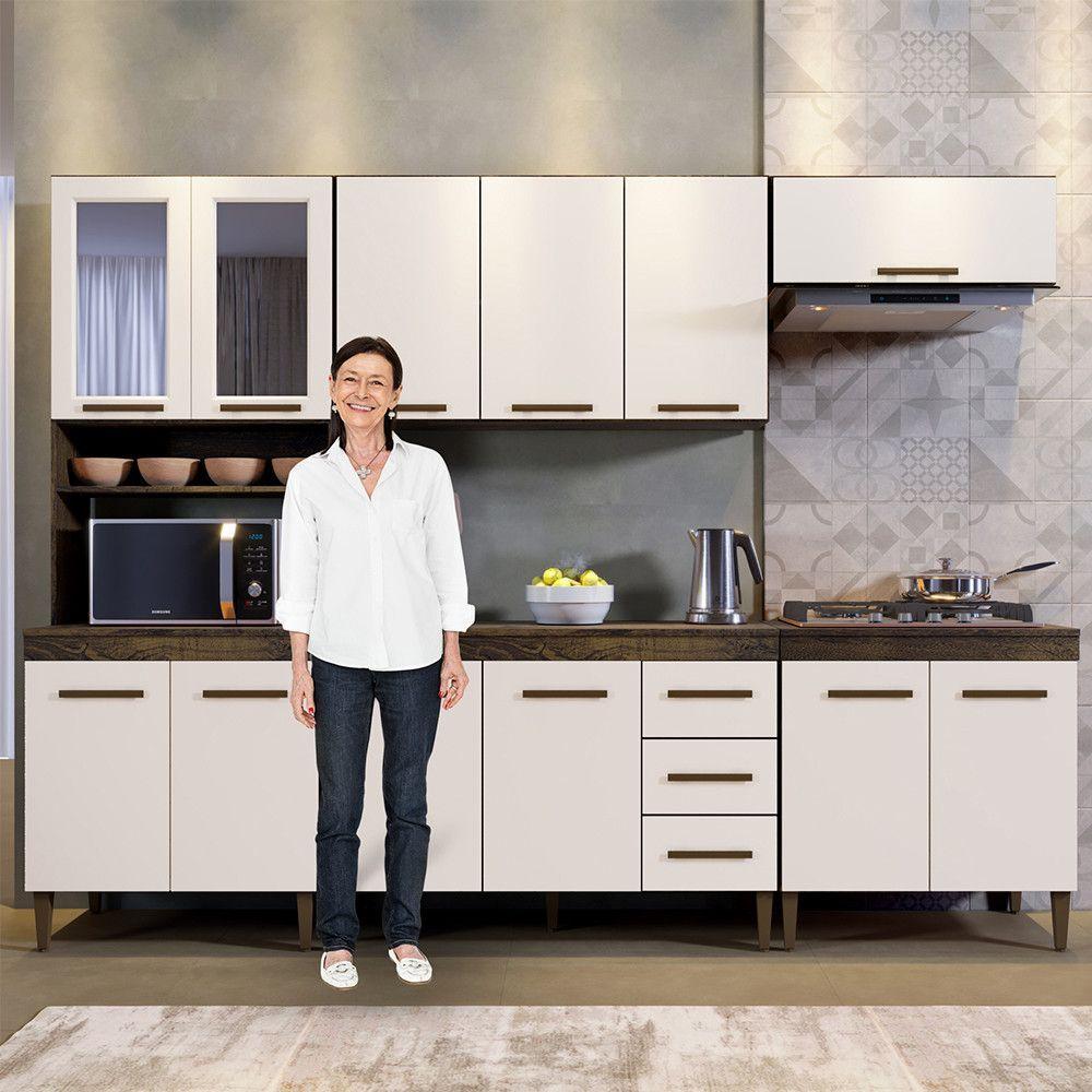 Miniatura Cozinha Com Vidro Reflecta 12 Portas 3 Gavetas E Balcão Para Cooktop 04 Bocas Ipê Com Off White