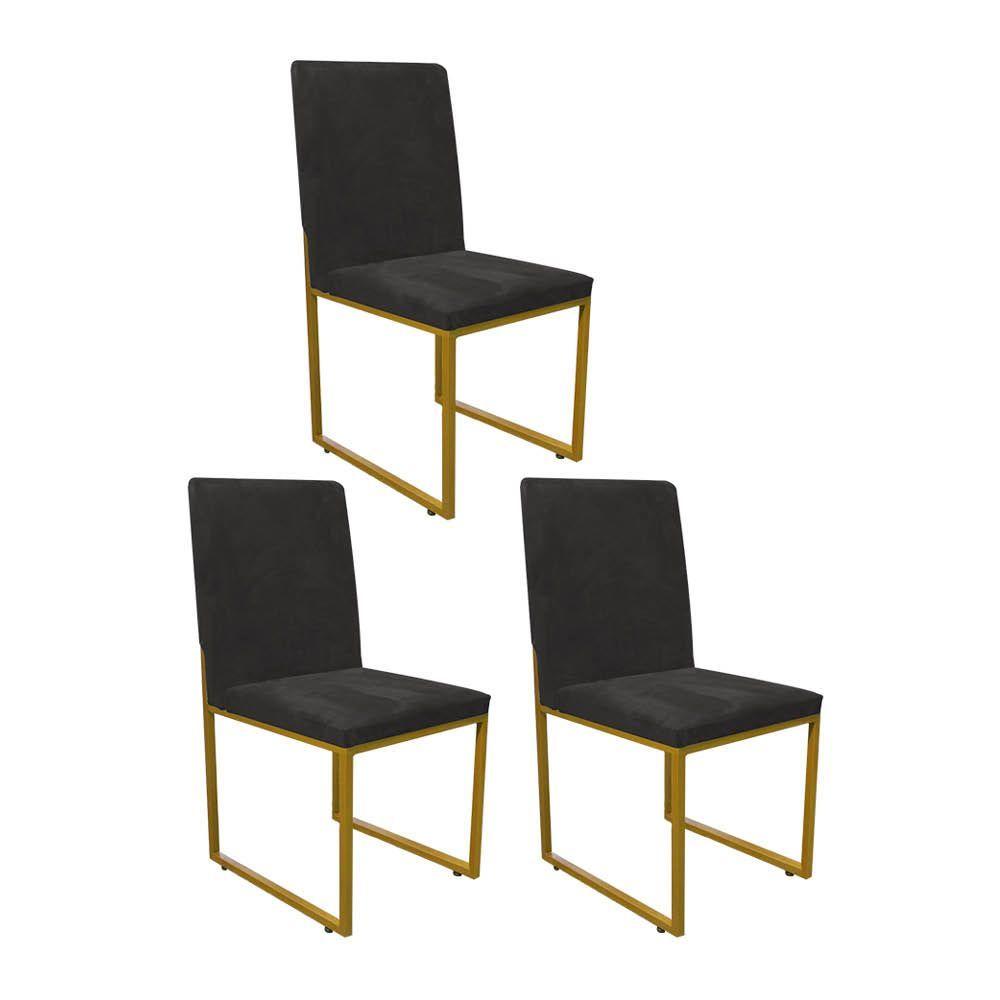 Miniatura Kit 03 Cadeira De Jantar Sttan Sala Ferro Dourado Sintético Preto - Amey Decor