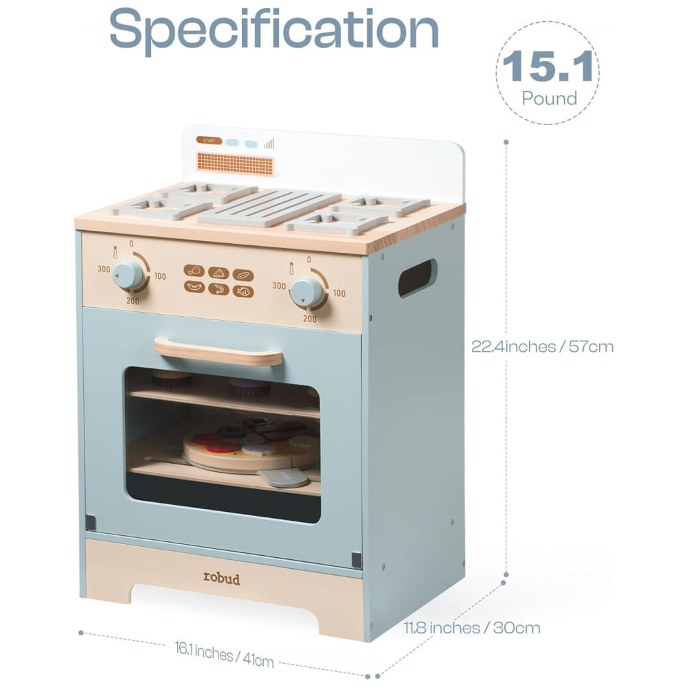 Forno de Cozinha Educativa de Brincar em Madeira ROBUD, com Mini Cupcakes e Pizza, para Crianças - Brinquedo Realista de Forno de Madeira