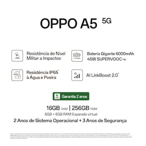 Smartphone OPPO A5 5G Tela 6.67" 256GB 8GB RAM Câmera 50MP Branco CEL. OPPO A5 5G 256GB 8GB BRANCO