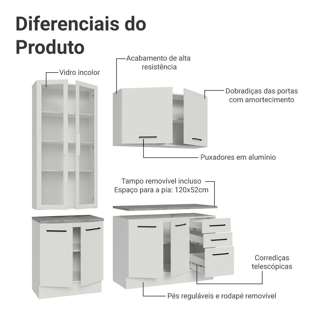 Armário de Cozinha Completa 190cm com Cristaleira Branco Agata Madesa 01 Cor:Branco