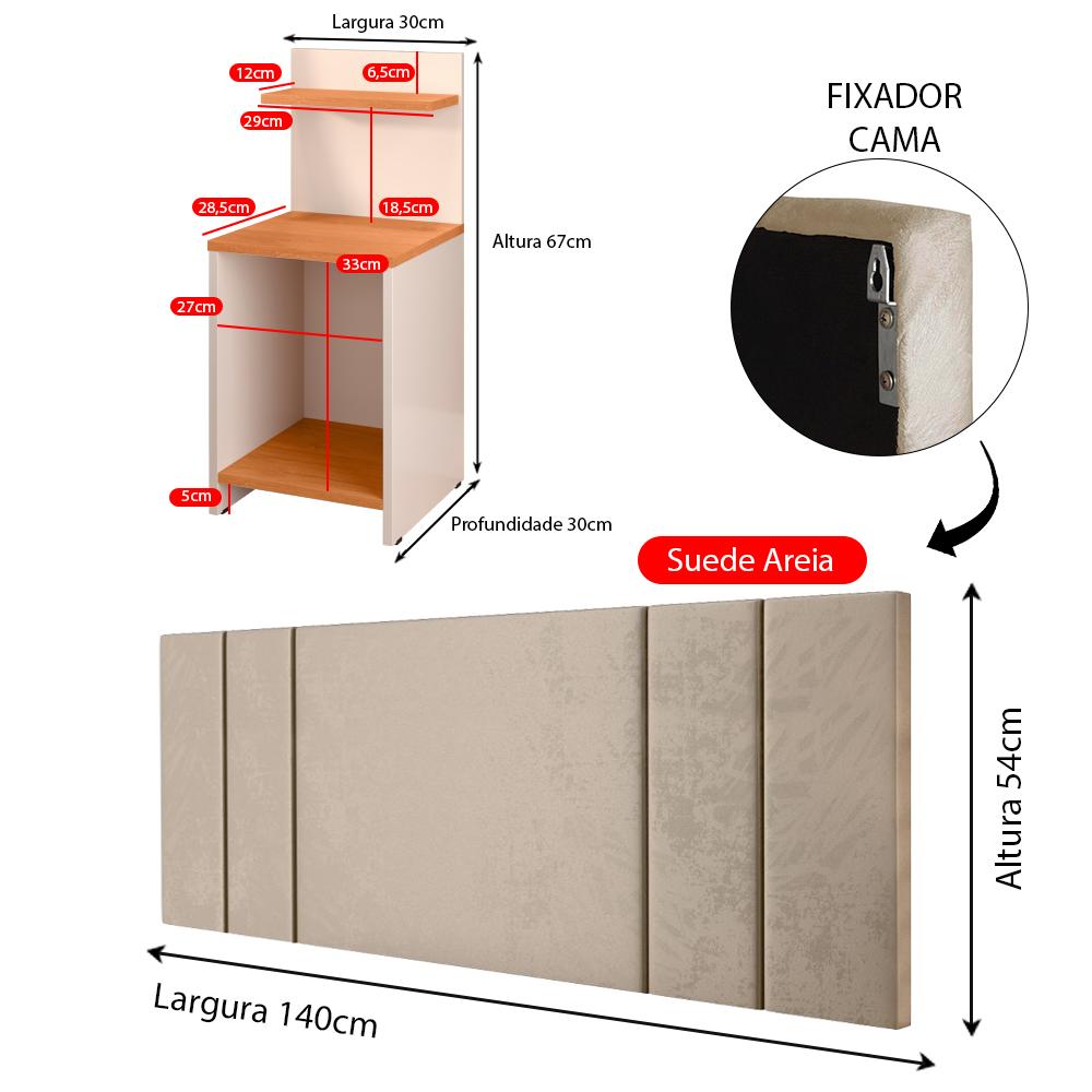 Miniatura Kit Quarto 2 Mesinhas Lateral Fantasy Off White/Cinamomo Prateleira Nicho Cabeceira Luana Suspensa Cama Box Casal 1,40 Areia Suede - Lojas RPM