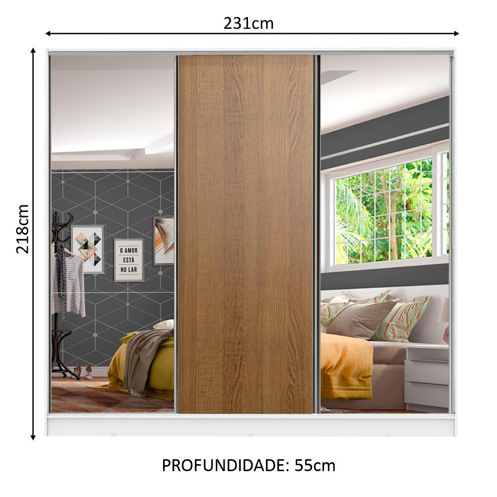 Guarda Roupa Juvenil 100% MDF Madesa Kevin 3 Portas de Correr com Espelhos - Branco/Rustic Branco/Rustic