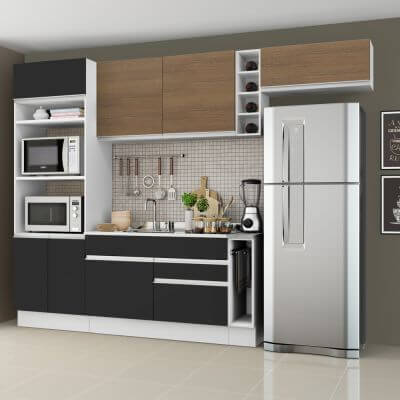 Miniatura Cozinha Completa Madesa Safira com Armário e Balcão (Sem Tampo e Pia) Branco/Preto/Rustic Cor:Branco/Preto/Rustic