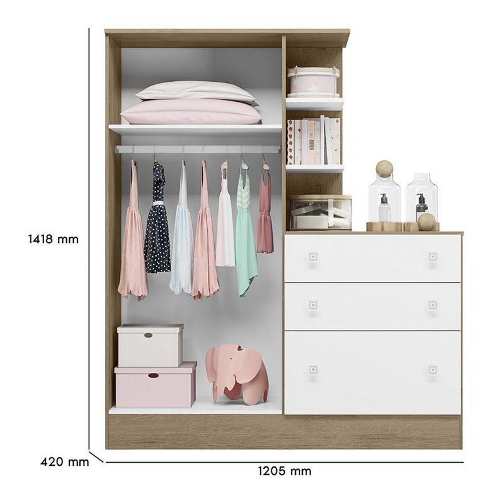 Miniatura Guarda Roupa Com Cômoda Infantil Doce Sonho 2 Portas E 3 Gavetas Carvalho-branco - Qmovi Carvalho-branco