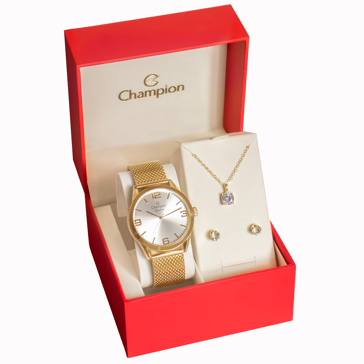 Miniatura Relógio Champion Feminino Dourado Prova D´Agua + Kit de Brincos e Colar Garantia De Um Ano