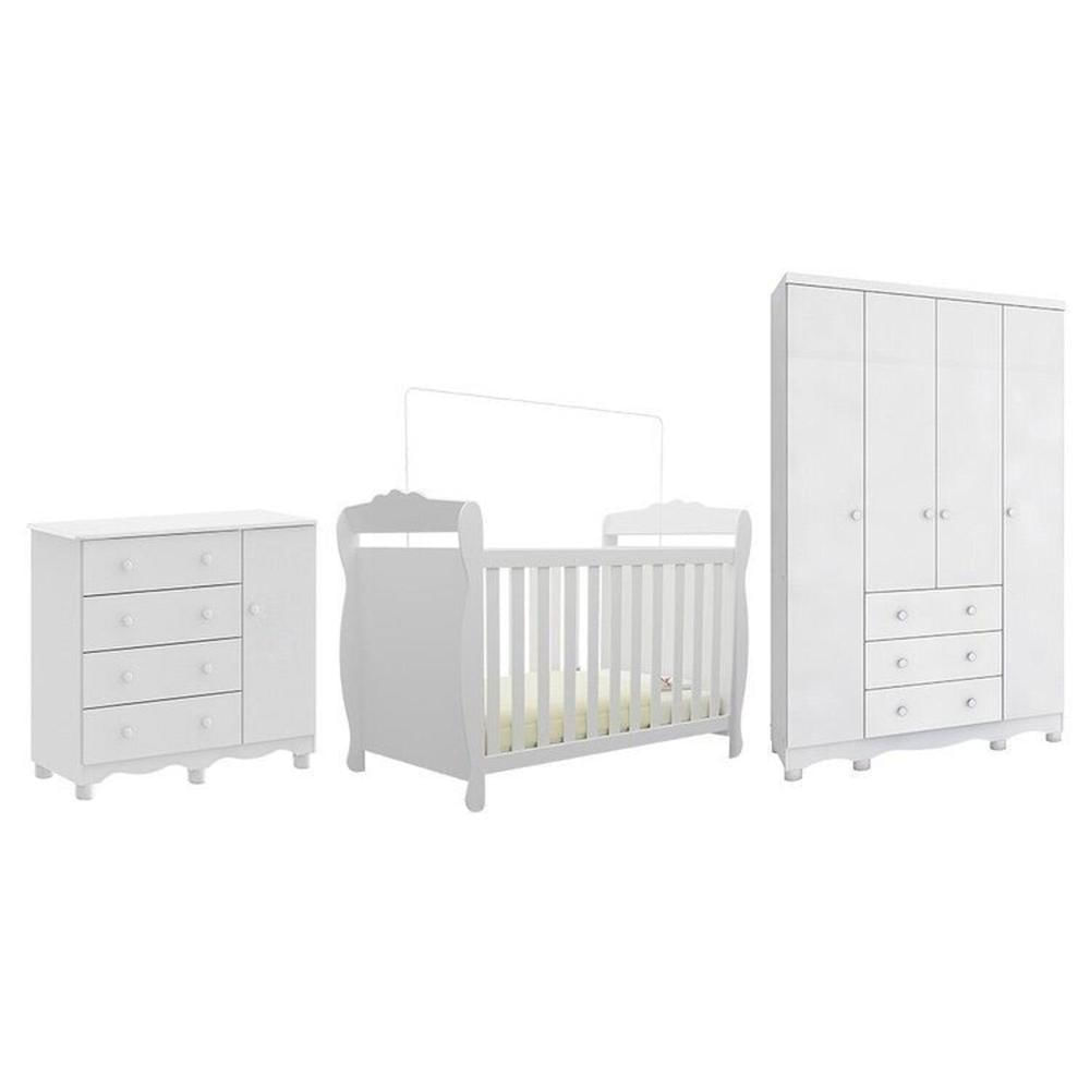 Miniatura Quarto de Bebê Completo Berço Minicama Guarda-roupa 4 Portas e Cômoda 100% Mdf Nina Espresso Móveis Branco Brilho