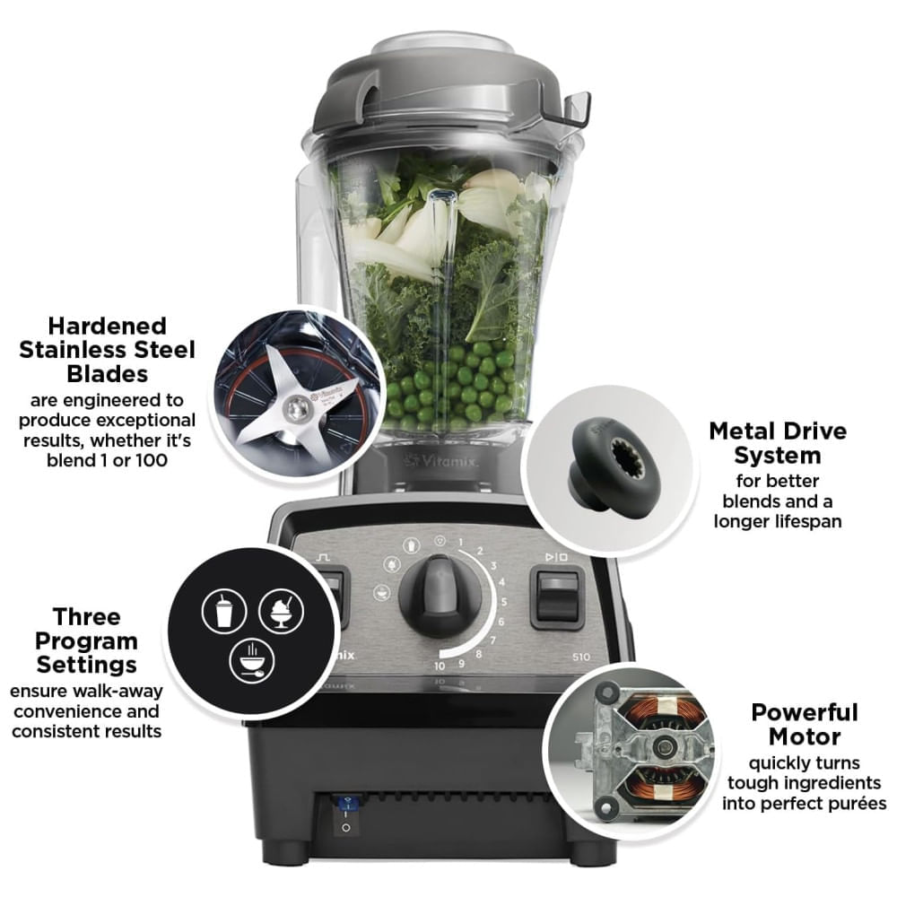 Miniatura Liquidificador Profissional 1,4L com 10 Velocidades, 3 Programas Predefinidos, Função Pulsar e Livre de BPA, 110V 1380W, Vitamix Propel 510, Cinza 110v