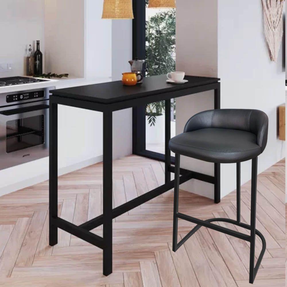 Miniatura Banqueta Betyna Com Encosto Alta Cozinha Bar Balcão Ferro Preto Sintético Preto - Amey Decor
