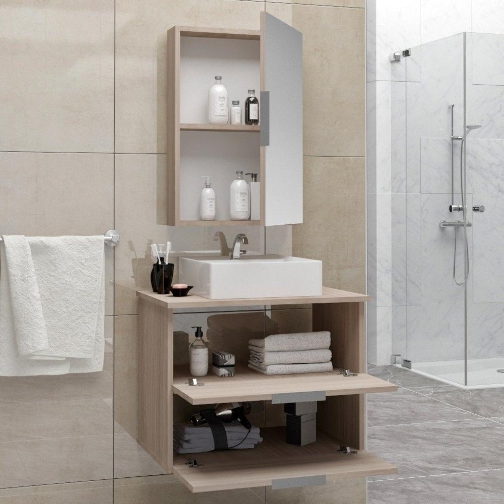 Gabinete Banheiro 60cm com Cuba Sobrepor e Espelheira Rubi Gabinetes Joia Amadeirado/Cinza