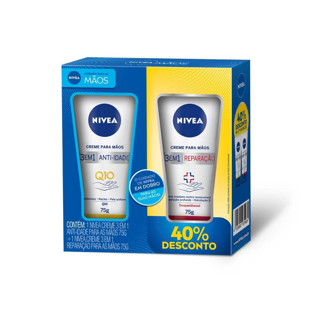 Miniatura Kit Creme Para Mãos Nivea Q10 75g + Nivea Reparação 75g Com 40% De Desconto
