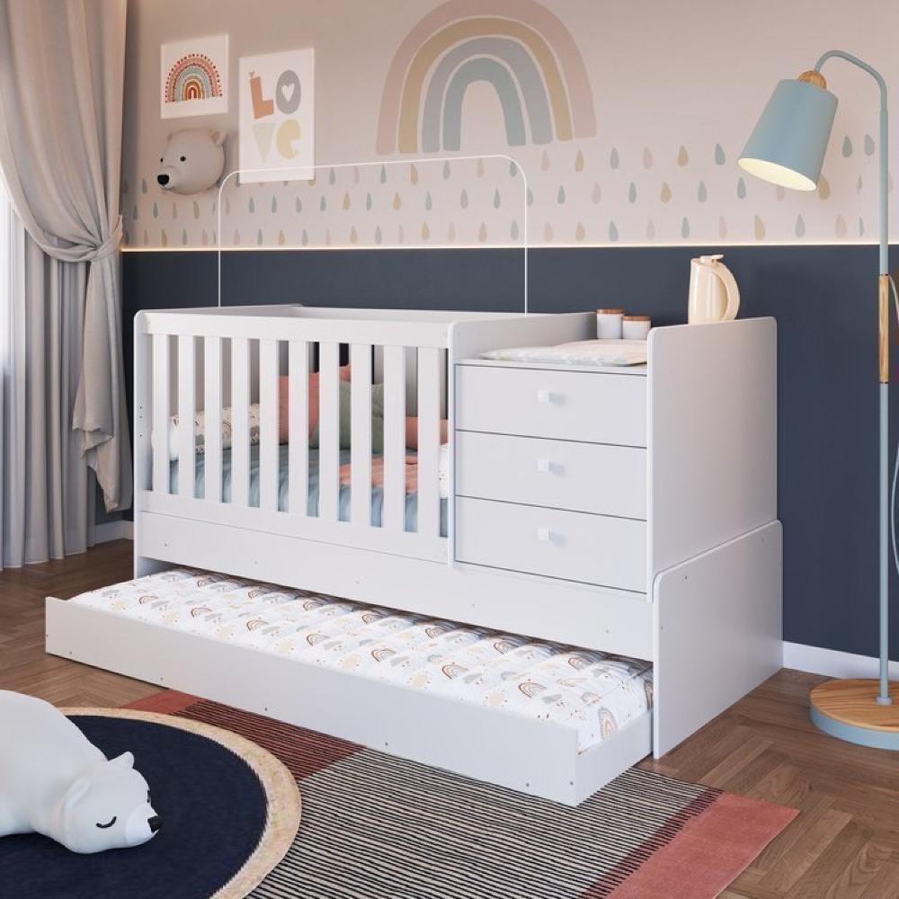 Miniatura Berço Cama Multifuncional com Auxiliar 2 Colchões Branco