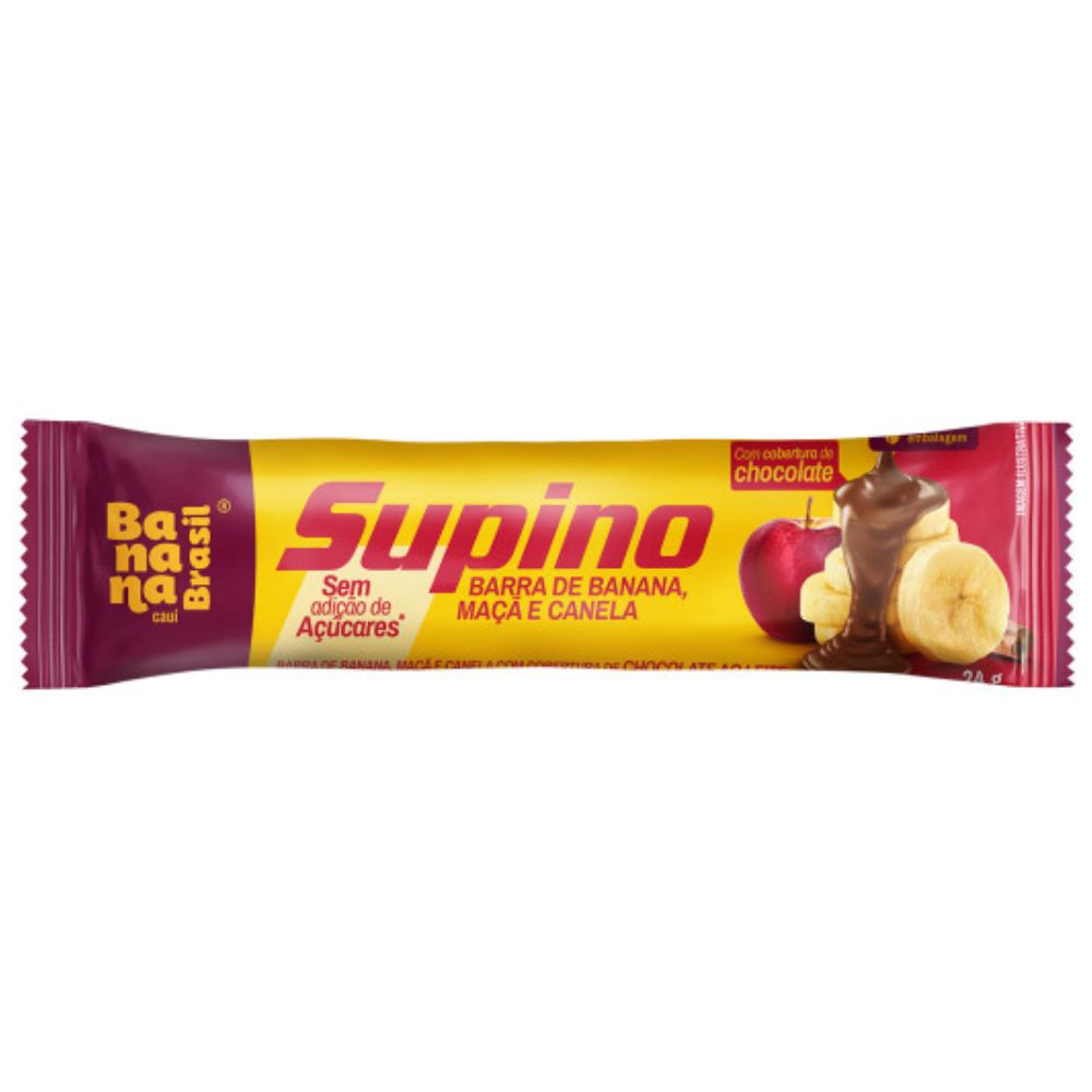 Miniatura Barra de Fruta Banana Brasil Supino Sabor Banana Maçã e Canela com Cobertura de Chocolate 24g