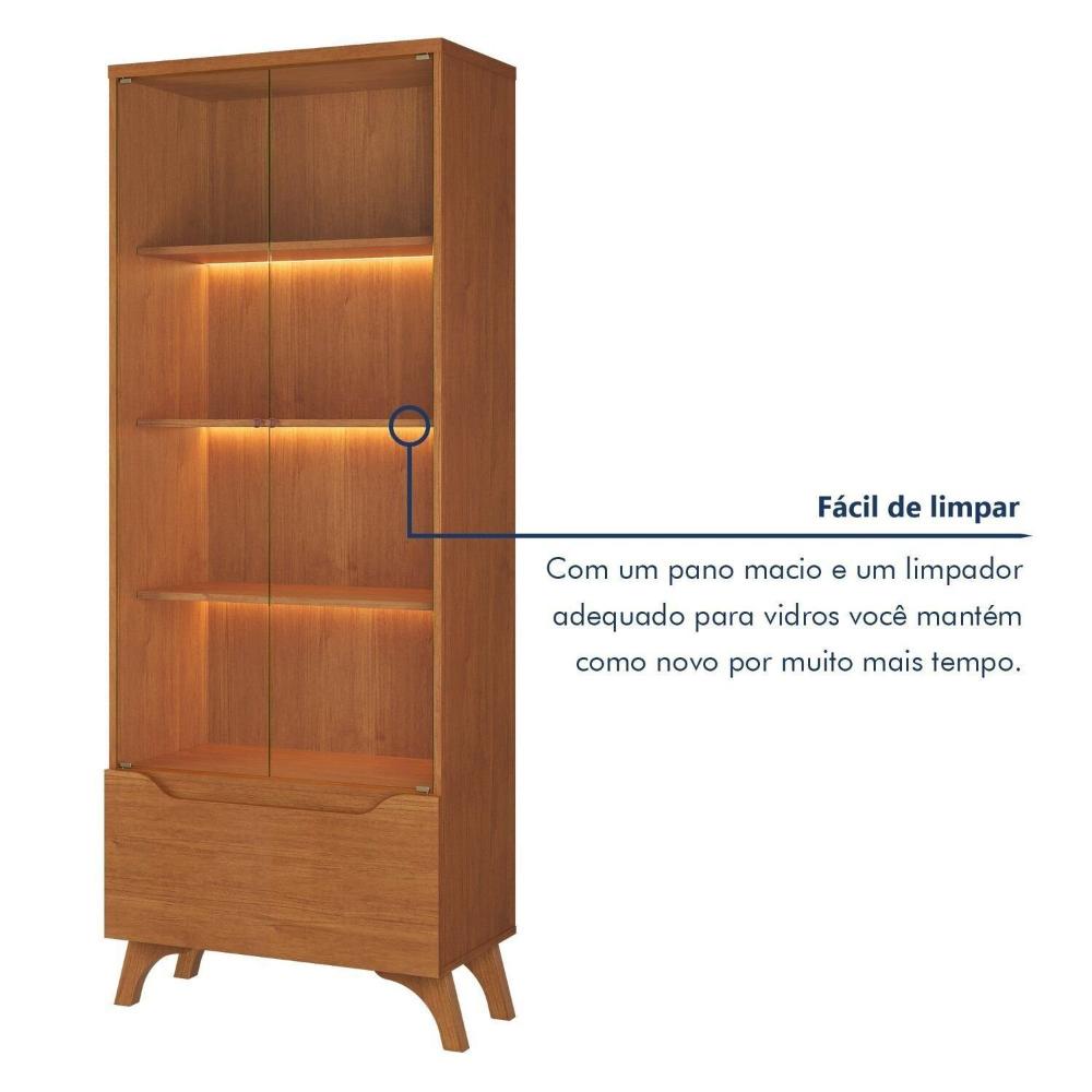 Cristaleira 2 Portas 1 Gaveta 3 Prateleiras com Led Pés em Madeira Maciça Grecia New Naturalle
