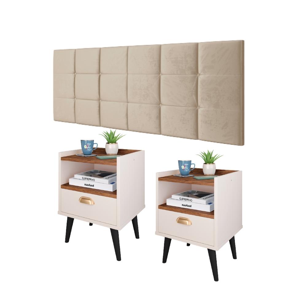 Miniatura Jogo Quarto Completo Kit 2 Mesinhas Nicho Retrô Estilo Off White/Freijó e Cabeceira Suspensa Cama Box King Size 1.95 Bia Areia Suede - RPM Móveis
