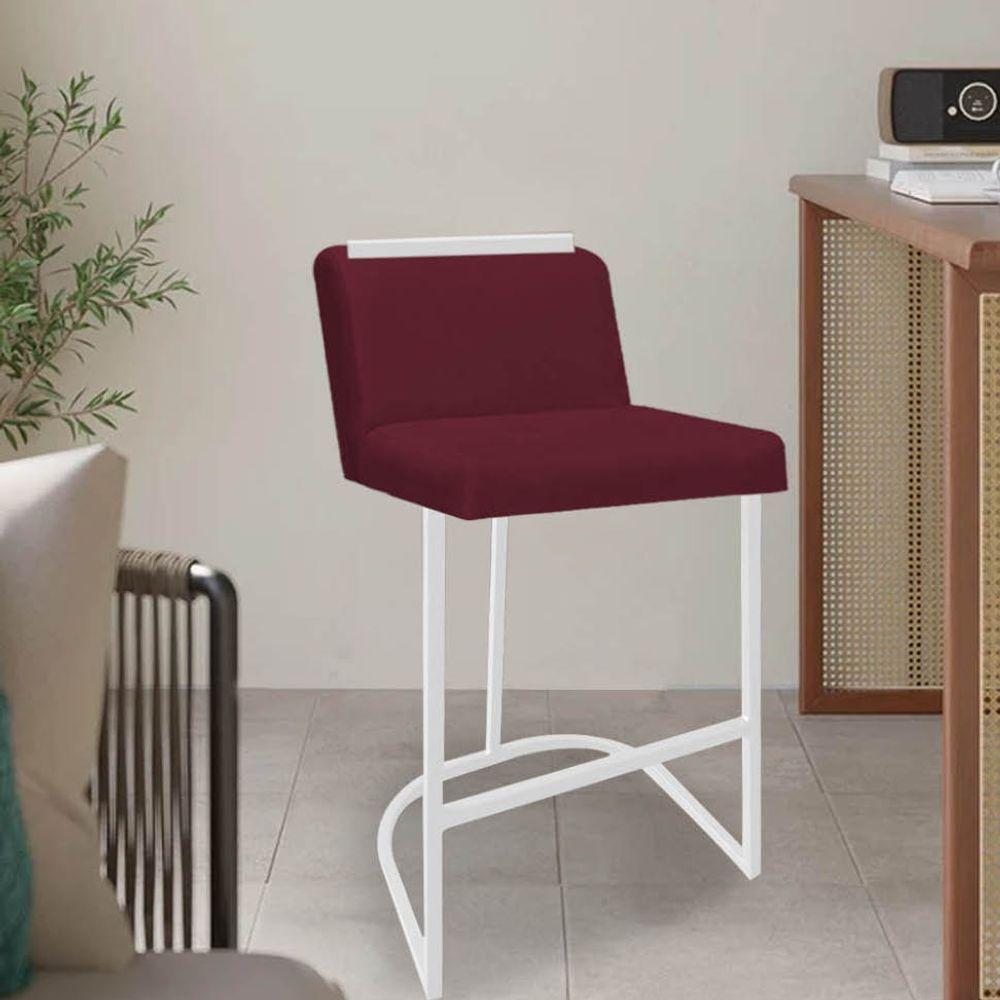 Miniatura Banqueta Com Encosto Nynna Luxo Confort Bistrô Cozinha Ferro Branco Suede Bordô - Amey Decor