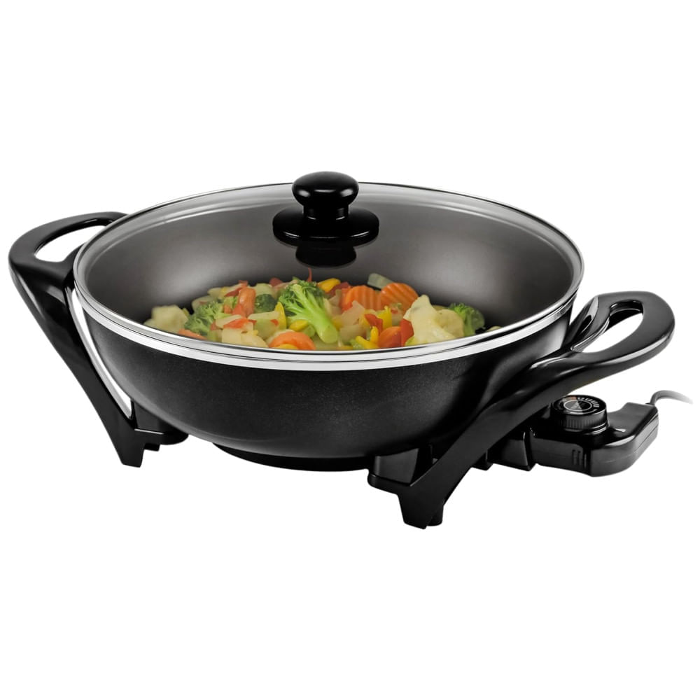 Miniatura Panela Wok Elétrico OVENTE 33cm com Revestimento Antiaderente, Ideal para Família, 1400W de Potência, Controle de Temperatura, Tampa de Vidro, Prático