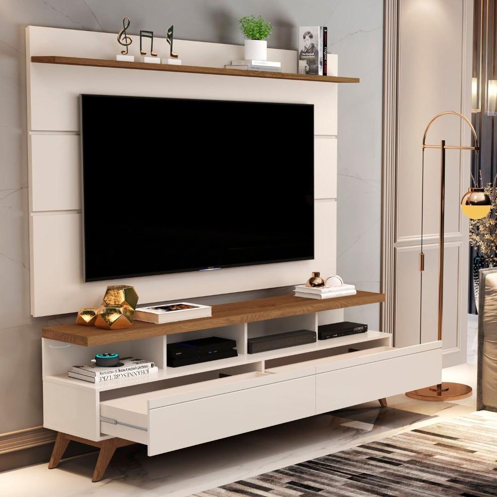 Miniatura Rack com Painel para Tv 60 Polegadas Pés em Madeira Maciça Off White/Freijó