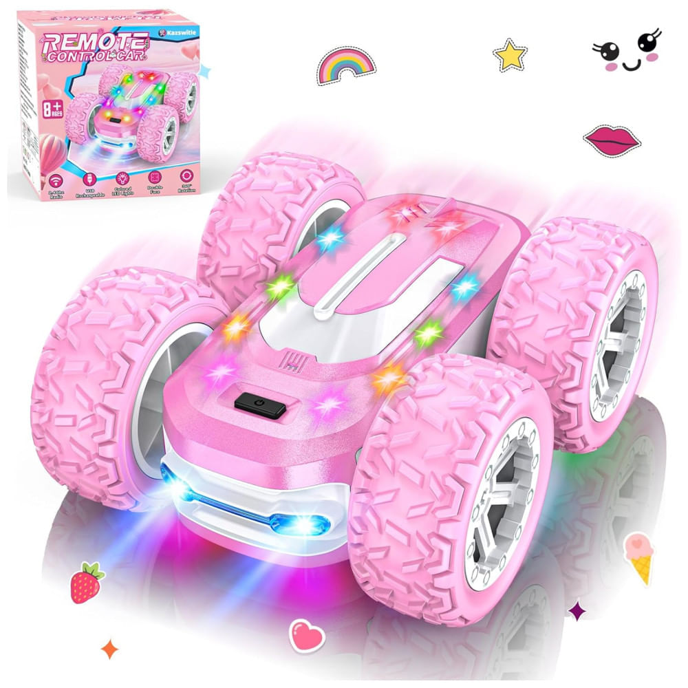 Miniatura Carrinho de Controle Remoto Rosa para Meninas, Carro RC com Adesivos Personalizáveis, Luzes Coloridas e Acrobacias 4WD - 360° de Giro,Kazswitle