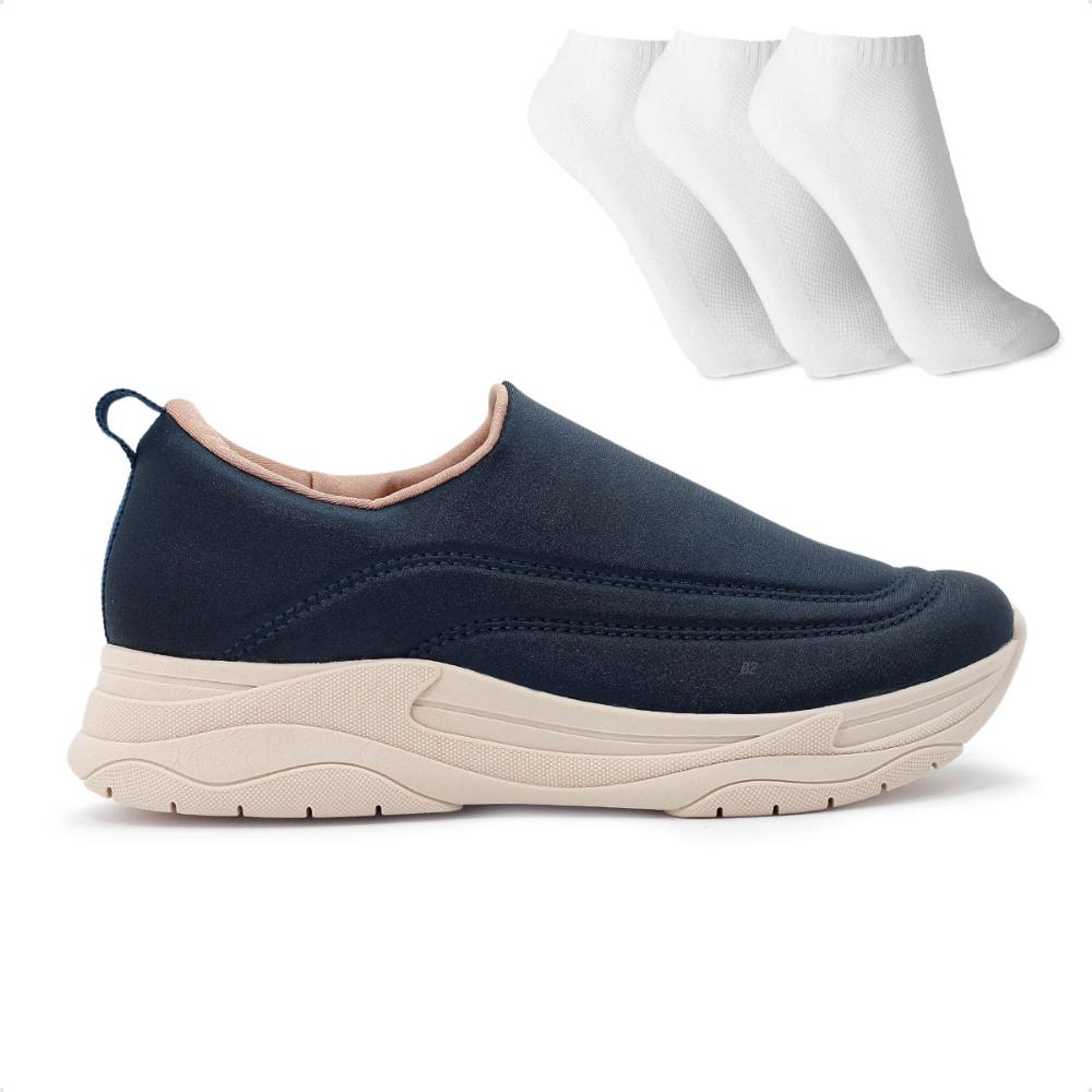 Miniatura Tênis Usaflex Slip On Feminino + 3 Pares de Meias Marinho / Bege - 34